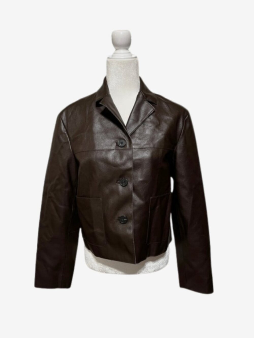 MNG Mango Chocolate Brown Boxy Faux Leather Button Front Jacket Size Small